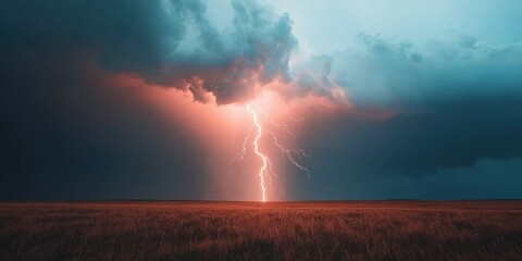 Lightning strikes dramatically over open field nature photography dramatic weather landscape view powerful phenomenon