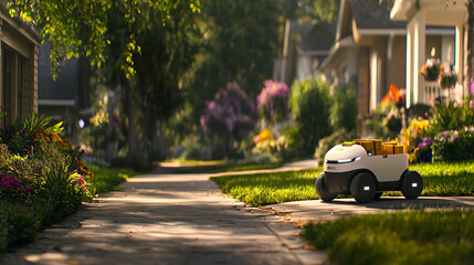 realistic photo of AI powered robotic delivery vehicle on sunny street, surrounded by vibrant flowers and greenery, showcasing modern technology in serene neighborhood