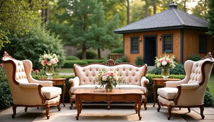 Fototapeta premium Elegant outdoor furniture set for wedding reception. Beige upholstered chairs, sofa with wooden details. Floral arrangements on coffee table. Garden setting with small wooden building in background.