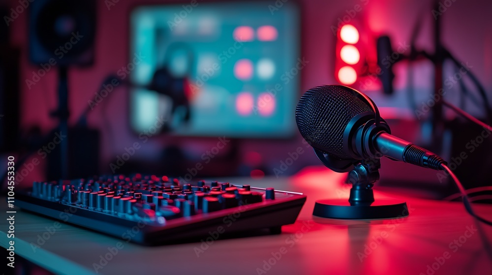 Poster Dynamic Podcast Studio Setup with Microphone Keyboard and Digital Interface : Generative AI