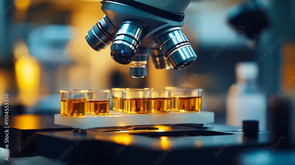 Poster scientific examination with a microscope and amber solutions : generative ai