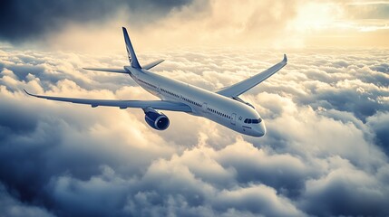 Obraz premium Airliner Soaring Over Fluffy Clouds in Beautiful Dawn Light : Generative AI