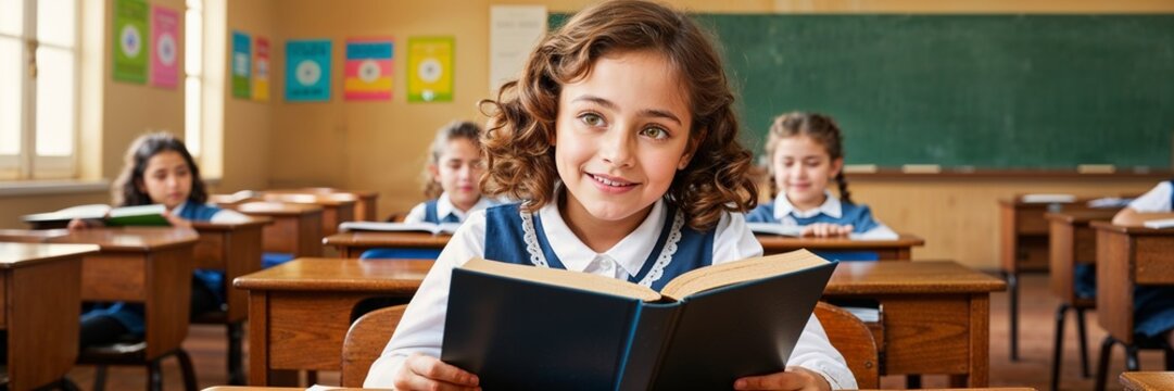 A young girl joyfully reading a book in a lively classroom environment.