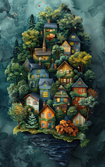 Obraz premium fantastic landscape with many cozy houses located on top of a floating island. Houses of different shapes and colors, surrounded by dense greenery and trees. 