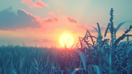 Sunset Serenity: Serene landscape photography of a tranquil sunset over a field of wheat, capturing the warm hues of the setting sun and the peaceful atmosphere. 