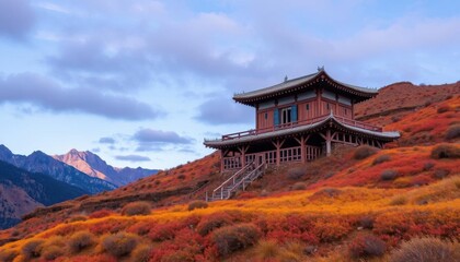 a small building on a hill with a mountain in the background