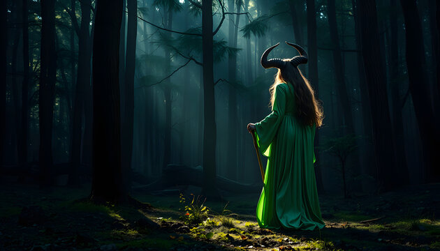 horned stranger in long emerald silk dress deep in forest alone with magic stick in hand, terrible vampire hiding from morning sunlight, demon daughter went down to ground to search for sinners isol