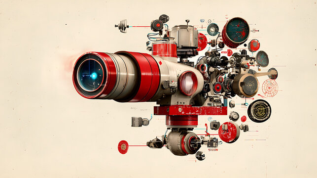 retro style poster featuring AI powered machine with intricate details and vibrant colors. design showcases various mechanical components and futuristic aesthetic