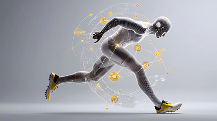 AI analyzing biomechanics of runner in motion, showcasing athletic performance and technology integration. dynamic pose highlights speed and precision