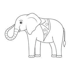 Cartoon Illustration of an Elephant in Decorative Clothing, Simple Line Art Drawing with Playful Expression, Fun and Creative Character Design in Black and White