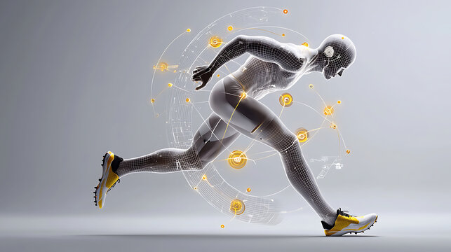 AI analyzing biomechanics of runner in motion, showcasing athletic performance and technology integration. dynamic pose highlights speed and precision