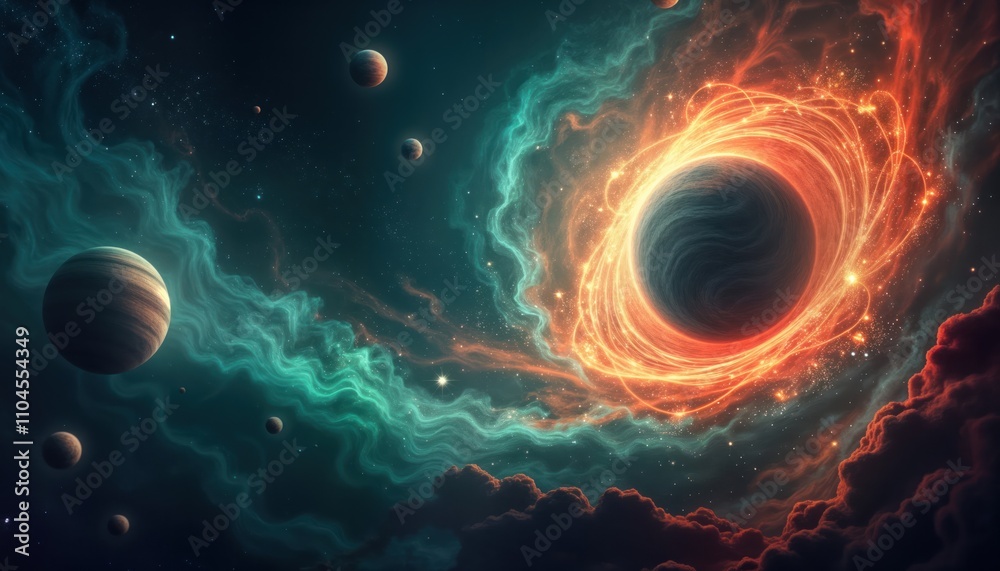 Aufkleber Cosmic scene shows celestial body with swirling cosmic colors. Otherworldly elements surround central celestial body. Colorful nebulae, planets populate space. Generative AI art style. Dynamic space.