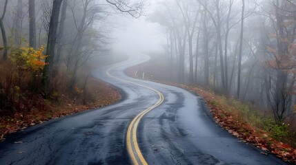 Fototapeta premium Winding Road Through Misty Autumn Forest