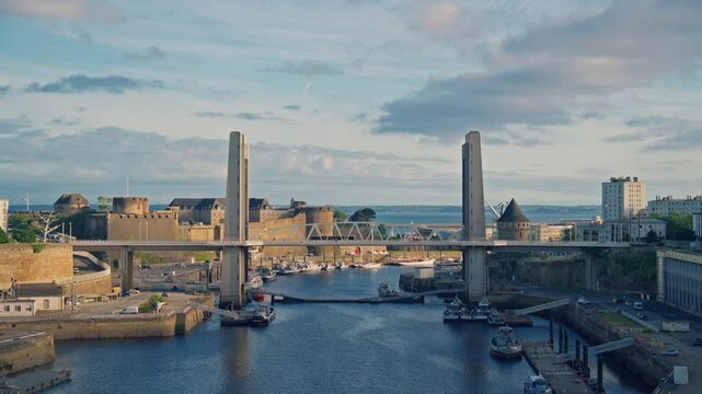 Aerial view. Brest bridge in France. French naval base Brittany region. During the Second World War the city was completely destroyed and has historical glory