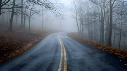 Fototapeta premium Misty Road Winding Through Bare Winter Trees