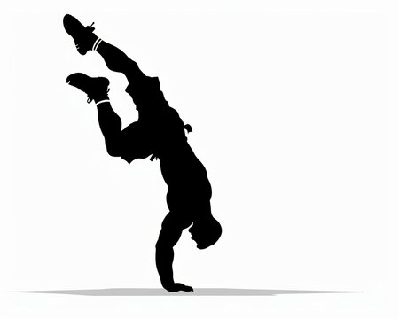 recommend clip art: A muscular male athlete performs a handstand, showcasing strength and balance against a stark white background.