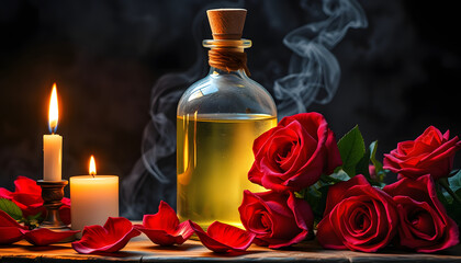 magic potion with red roses and burning candles in dark room isolated with white highlights, png