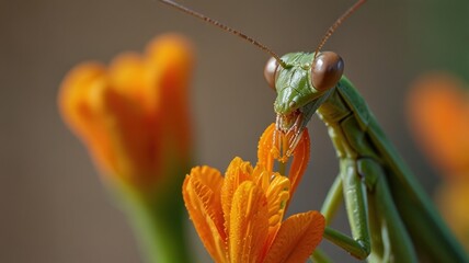 Close-up of a green praying mantis on orange flowers. (1)
