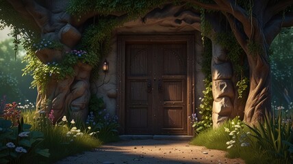 Mystical stone door in a forest setting.