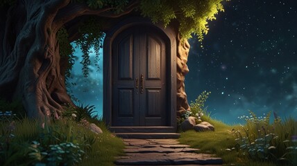 Mysterious door in a magical tree at night.