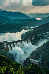 Fototapeta premium The Majestic Srisailam Dam in Broad Daylight: A Testament to Human Ingenuity and Engineering Excellence