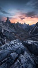 Rugged Dawn: Untamed Mountain Peaks at Sunrise Reflecting Raw, Primal Beauty and Isolation.