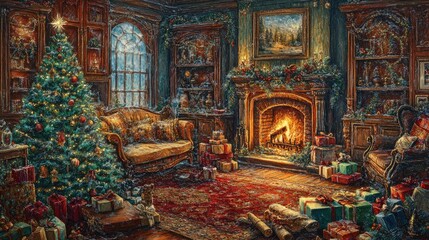 Fototapeta premium Cozy Christmas living room with fireplace, decorated tree, presents, and snowfall outside the window.