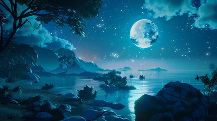 Enchanted Moonlight Cove: Serene nightscape of a tranquil cove bathed in the ethereal glow of a full moon, stars twinkling above, creating a magical and dreamy atmosphere. 