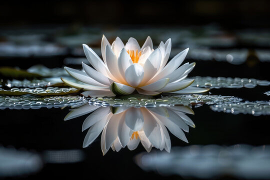 White water lily reflected on black water,.  