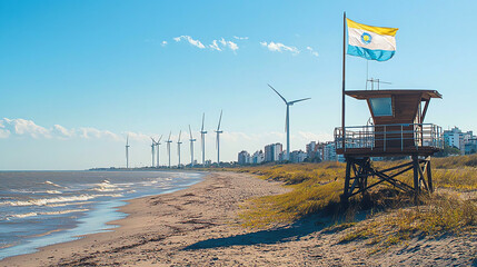 Wind turbines and Uruguayan coastal beauty near the beach with lifeguard station