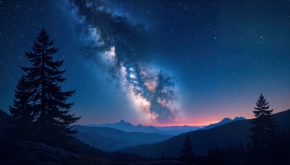 Majestic night sky vibrant milky way galaxy above silhouettes of mountain peaks, dark pine trees. Starry landscape offers stunning cosmic view. Peaceful, serene nature scene perfect for outdoor