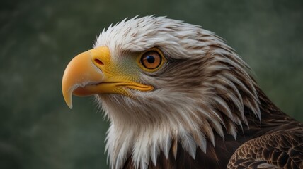 Obraz premium Close-up portrait of a bald eagle's head and shoulders against a blurred green background.