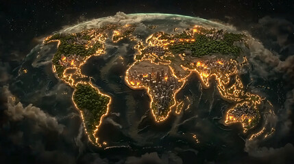 Borders glowing like electric fences around continents, futuristic yet eerie design 