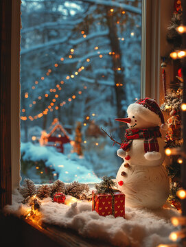 Cozy Cabin Christmas: A Snowman Gazes at the Winter Scene Through the Window
