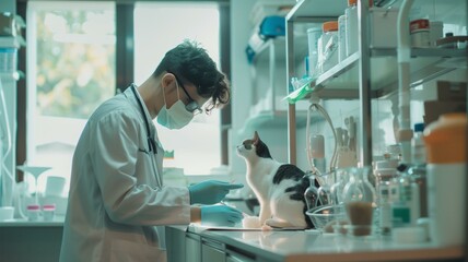 Obraz premium A skilled veterinarian carefully examining a cat in a modern clinic 