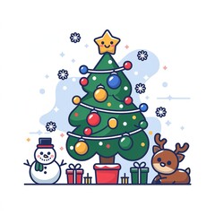 Cute Christmas holiday vector illustration featuring a decorated pine tree, smiling snowman, resting reindeer, and wrapped gifts.