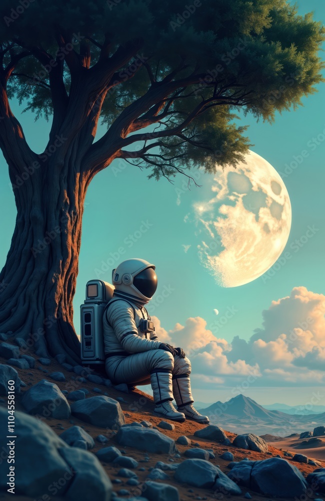 Aufkleber astronaut sits under tree on alien planet. vast landscape spreads around with large moon in sky. sce