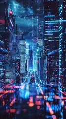 Obraz premium A futuristic cityscape illuminated by neon lights and digital effects.