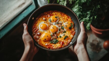 Hands hold a pan with Shakshuka eggs. Poached eggs in a spicy tomato pepper sauce, onion and parsley
