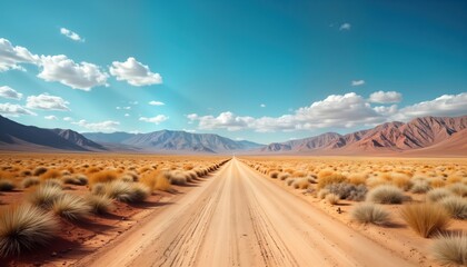 Naklejka premium Vast expanse of desert landscape under vibrant azure sky. Gentle breeze flows through arid terrain. Long dirt road extends into distance. Dry grasses cover flat land leading to mountains. Sunlight