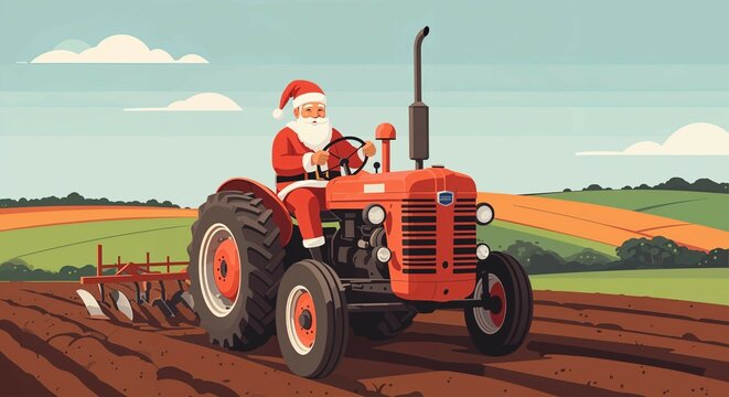 Ilustra&ccedil;&atilde;o Papai Noel dirigindo um trator