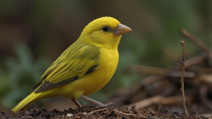 Vibrant yellow bird perched on ground.
