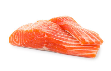 Pieces of fresh salmon isolated on white