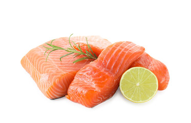 Pieces of fresh salmon, lime and rosemary isolated on white