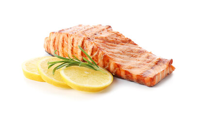 Delicious grilled salmon fillet with lemon and rosemary isolated on white
