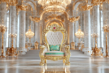 A golden throne stands in a grand palace with intricate chandeliers and marble pillars