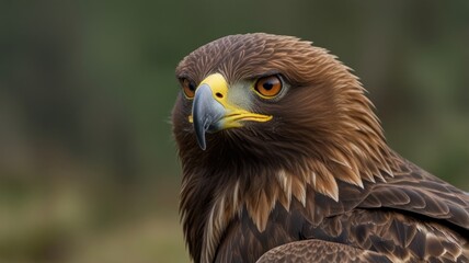Close-up portrait of a majestic golden eagle, its sharp gaze and intense expression captured in detail against a blurred background.