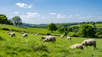 Serene Pastoral Scene with Grazing Sheep in a Lush Green Meadow Under a Clear Blue Sky
