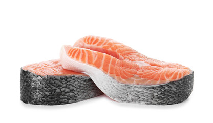 Steaks of fresh raw salmon isolated on white