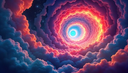 Psychedelic vibrant colors swirl in vortex of clouds at night. Cosmic energy field pulses with hypnotic light, colours. Surreal expanse of clouds. Surreal, awe-inspiring spectacle. Gradient vortex of